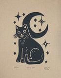 Linocut print- Moon Cat