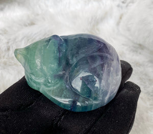 2” Rainbow Fluorite Cat crystal Carving