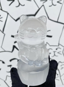 Medium Selenite Lucky Cat Carving