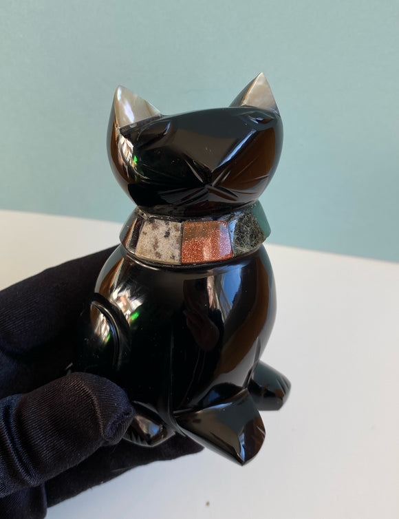 Medium Obsidian Cat Carving with gemstone collar