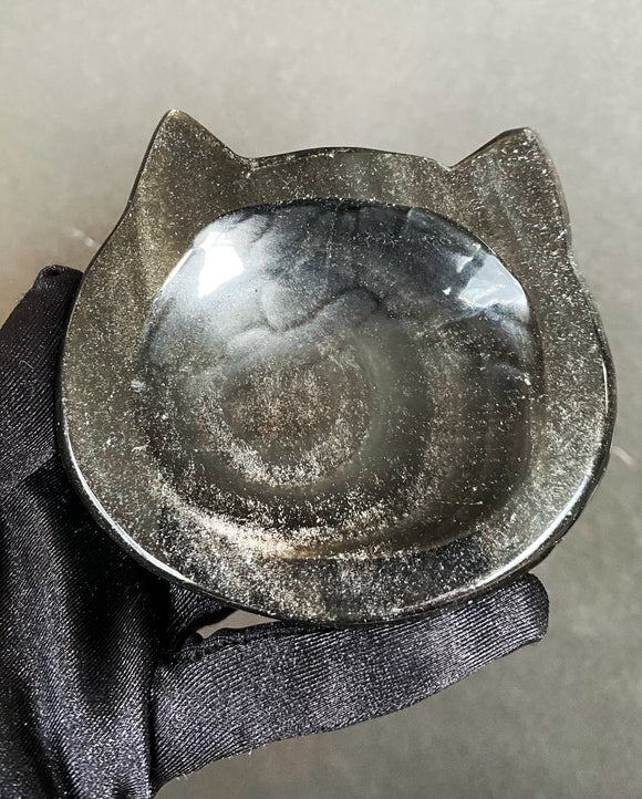 Silver Sheen Obsidian Cat Face Bowl