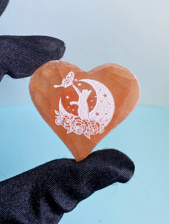Mystical Peach Selenite Cat Heart Carving